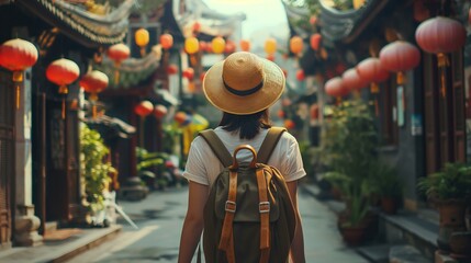 A woman wearing a straw hat and a backpack walks down a street with lanterns hanging overhead. The...
