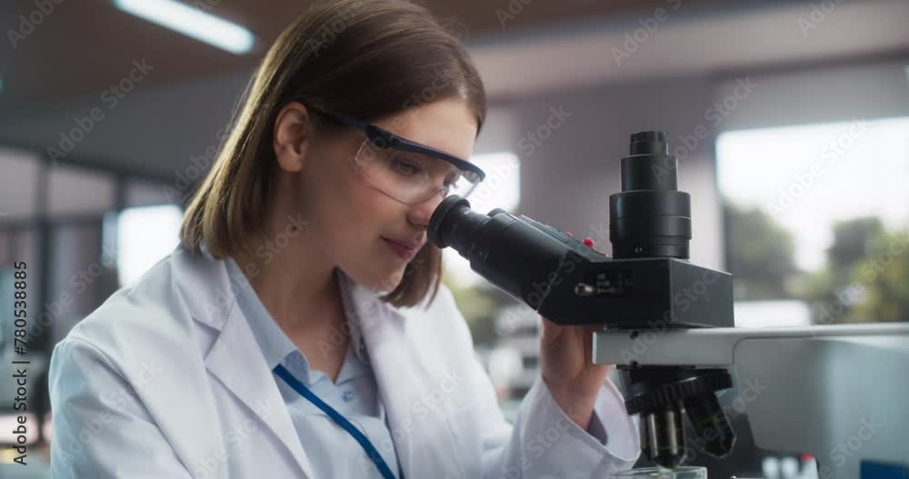 Poster medical research scientist looking at biological samples under a microscope in an applied science la