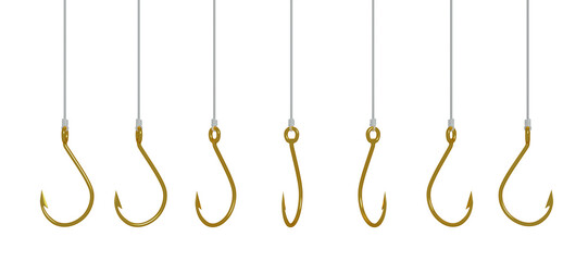 Set of golden fishing hooks on fishing lines, isolated on white background, 3D rendering.