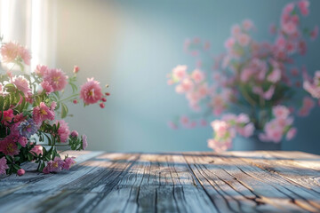 Serene Spring Blossoms on Wooden Table with Sunlight