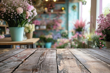 Rustic Wooden Tabletop with Blur Flower Shop Background