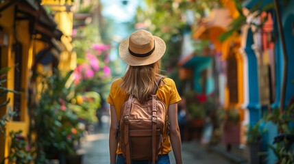 Obraz premium A woman wearing a straw hat and a yellow shirt is walking down a colorful street. She is carrying a backpack and a handbag