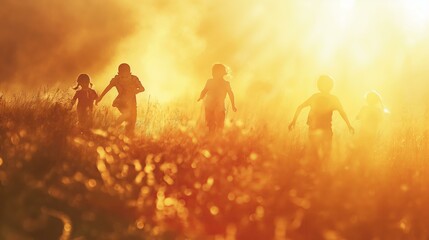 A group of children are running through a field of tall grass. The sun is shining brightly, casting long shadows behind them. The scene is lively and playful