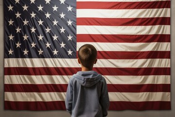Rear view of young boy standing in front of american flag