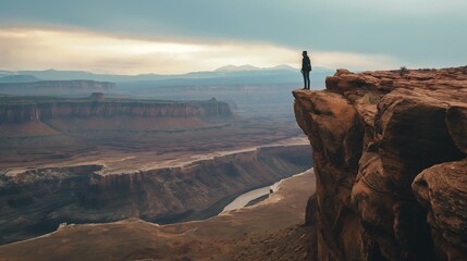 A person stands on a cliff overlooking a river. The sky is cloudy and the landscape is barren - Powered by Adobe