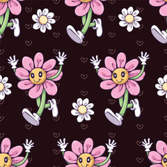 Seamless pattern of smiling face flower with black background, It's a that looks groovy and funky. Pattern for fabric and wrapping paper, design wallpaper and fashion prints.