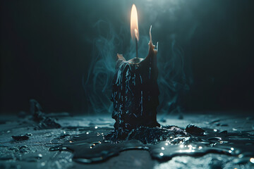 Close-up of a lit candle with dripping wax on a dark background, conveying a sense of tranquility, spirituality, or mourning.