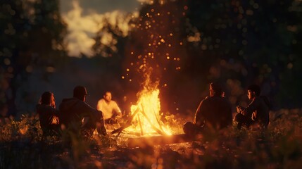Fototapeta na wymiar A group of people are sitting around a fire in a forest. The fire is bright and the people are enjoying the warmth and light it provides. The scene is peaceful and relaxing