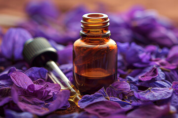 Essential Oil Bottle Amidst Purple Petals on Wooden Surface