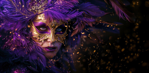 Mysterious masquerade, woman in a feathered purple mask. Close-up of a woman's face partially concealed by an ornate mask, set against a dark, festive background with sparkling details
