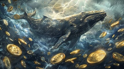 Blue whale navigating through a tempest of bitcoins, reflecting the volatile nature of cryptocurrency markets, Financial Dominance and Wealth - obrazy, fototapety, plakaty
