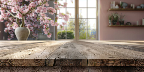 Warm Spring Interior with Cherry Blossoms and Rustic Wooden Floor