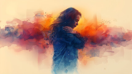 mental ilness person hugging themselves.watercolour  digital art illustration - obrazy, fototapety, plakaty
