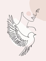 Woman with bird. Portrait minimalistic style. Line Art vector illustration.