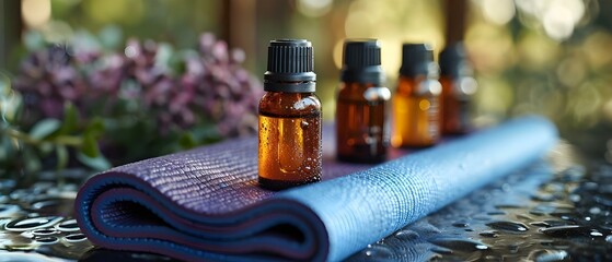 Tranquil Essence: Yoga Mat & Aromatherapy Oils. Concept Yoga, Meditation, Aromatherapy, Wellness, Relaxation - obrazy, fototapety, plakaty
