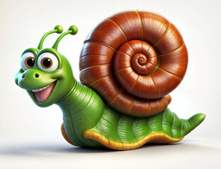 A cute 3d illustration render of green cartoon snail with a large brown shell is smiling on the white background. It has big eyes and a tongue sticking out