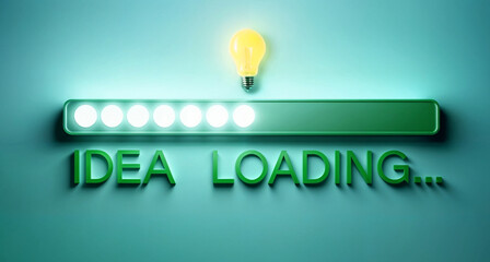 3d illustration render of lightbulb hovers over the text word IDEA LOADING on a loading half full progress bar