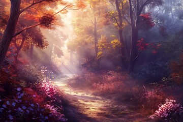 A forest path with a bright sun shining through the trees. The path is lined with flowers and trees of various colors