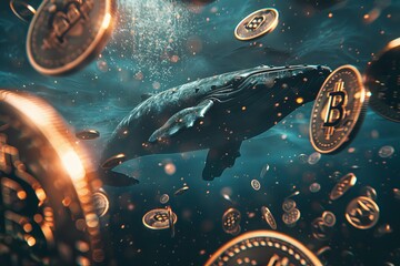 Submerged humpback whale with Bitcoins bursting around, denoting cryptocurrency impact on nature concept, Financial Dominance and Wealth