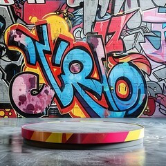 Bold graffiti podium, front view focus, with an urban street art mural background, ideal for streetwear collection