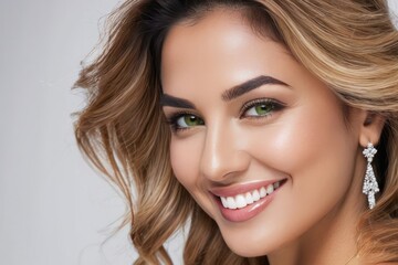 Naklejka premium Close up portrait beautiful model woman with white teeth smile, healthy long flowing hair and beauty skin. Concept of advertising a dentist, hairstyle and facial care. Generative AI