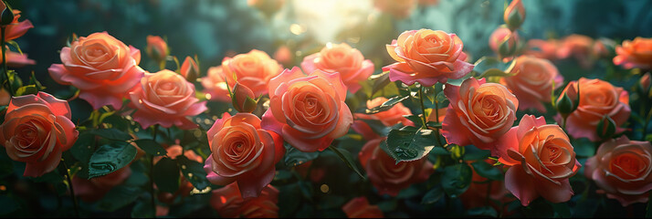 Sunset Glow on Blooming Rose Garden - Nature's Beauty Unfolding - obrazy, fototapety, plakaty