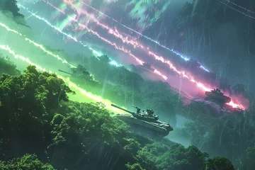  Digital art of tanks firing streams of rainbow light, illuminating a serene, lush green landscape © kitinut