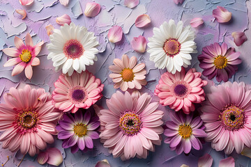 Vibrant Gerbera Daisies Display with Petals on Pastel Background