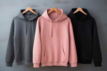 Several hoodies of different colors hang on a hanger on a dark background logo Placement and Branding concept