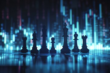 Silhouettes of chess pieces aligned for strategic play, set against a dazzling backdrop of neon-lit cityscape..