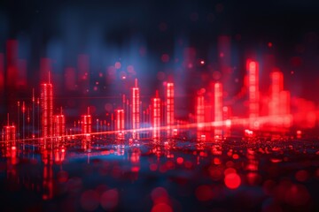 Fototapeta premium A radiant red digital financial landscape with dynamic data bars and a futuristic city vibe..