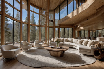 Modernes Bergchalet mit eleganter Innenausstattung und bodentiefen Fenstern mit atemberaubendem Ausblick auf die Natur