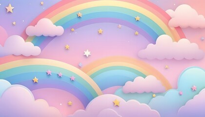 Rainbow unicorn background with clouds and stars. Pastel color sky. Magical landscape, abstract...