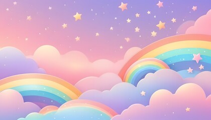 Holographic fantasy rainbow background with clouds and stars. Pastel color sky. Magical landscape, abstract fabulous pattern. Cute candy wallpaper