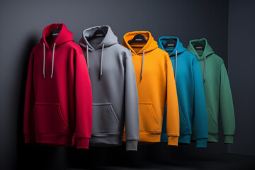 Several hoodies of different colors hang on a hanger on a dark background logo Placement and Branding concept
