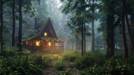 A wooden cottage in the middle of a foggy forest
