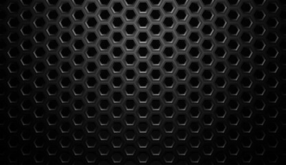 Black Carbon Honeycomb Hexagon Abstract Technology Texture. Hive Grid Nanomaterial Pattern. Dark Tech Background. Vector Illustration.