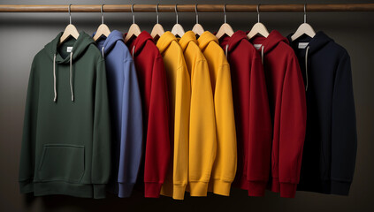 Several hoodies of different colors hang on a hanger on a dark background logo Placement and Branding concept