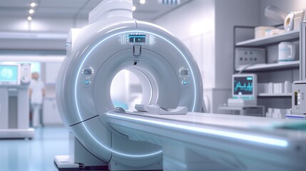 Craft an engaging wide banner featuring an advanced MRI or CT scan medical diagnosis machine in a hospital lab.  