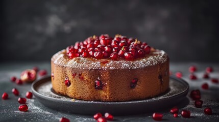 pomegranate-accented fruit cake illuminated by studio lights