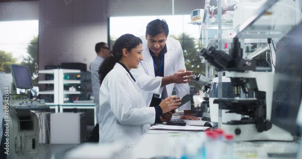Aufkleber indian male medical supervisor having a conversation with a hispanic female scientist about a gene e