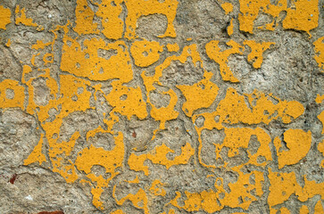 Old crumbling yellow plaster closeup