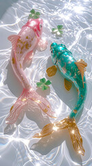 free space for title banner with Surreality, on the shimmering white water surface, there are two pink and gold fish