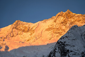 Täschhorn, Dom and Südlenz in the Mischabel Mountain Range in the Alps at Sunrise, Saas-Fee, Switzerland