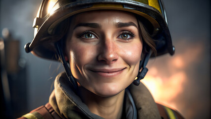 Retrato de un bombero. Primer plano de mujer bombero con casco.  Concepto Día internacional del trabajador.  - obrazy, fototapety, plakaty