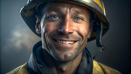 Retrato de un bombero. Primer plano de hombre bombero con casco.  Concepto Día internacional del trabajador.  - obrazy, fototapety, plakaty