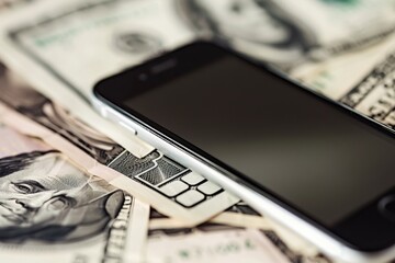 A close-up image of a smartphone on top of scattered US dollar bills, symbolizing mobile finance. Close-up of Smartphone and Cash Money - Powered by Adobe
