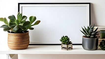 A white wall with a black frame hanging on it. The frame is surrounded by various potted plants and a candle.