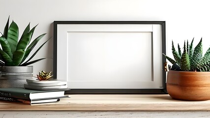 A black picture frame is propped up against a white wall, with a wooden shelf underneath holding several potted plants and books. - obrazy, fototapety, plakaty