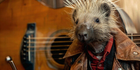 Rockstar Hedgehog with Guitar Showcasing Musical Flair